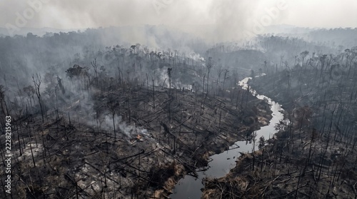 Obraz na plátně Aerial shot of a burnt tropical forest with smoke rising from charred trees near a river