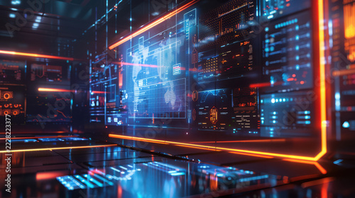 Cybersecurity professional analyzing encrypted data streams in high-tech server room with holographic interface