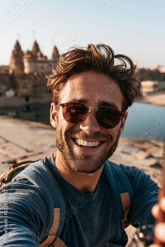 Selfie in Asia smiling young traveler exploring historic Indian temple complex beside peaceful lake during memorable cultural vacation adventure