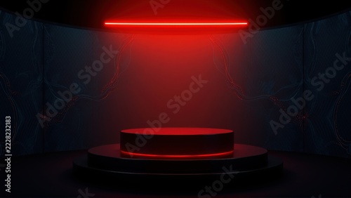 Dark room features cylindrical pedestal illuminated by vibrant red neon light. Walls display subtle blue patterns. Minimalist stage setup.