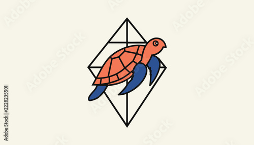 Stylized Orange Turtle Illustration with Geometric Overlay on Light Background