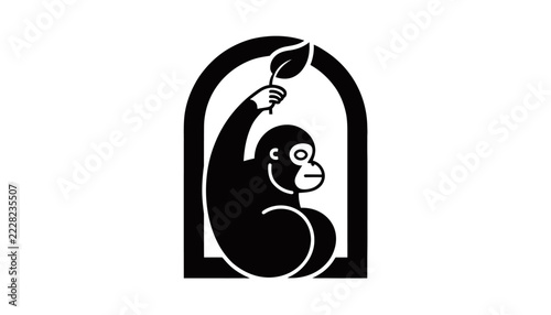 Stylized Orangutan Icon - Cute Ape Silhouette with Leaf, Symbol of Nature Conservation and Wildlife Protection