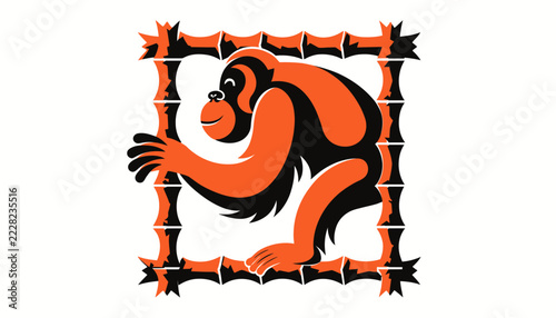 Stylized Orangutan Illustration in Bamboo Frame, Isolated Cut Out