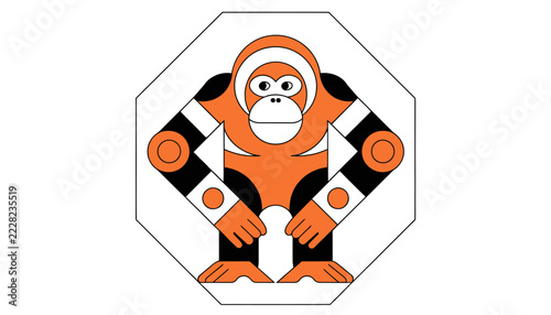 Stylized Orangutan Illustration with Geometric Shapes and Octagon Border
