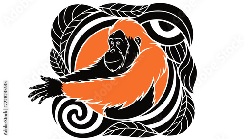 Stylized Orangutan illustration with natural elements, jungle art, primate concept, orange and black graphic design
