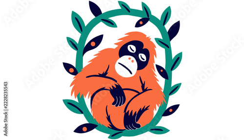Stylized Orangutan Portrait Framed by Green Leaves, Endangered Primate Conservation Concept, Cute Jungle Animal Illustration