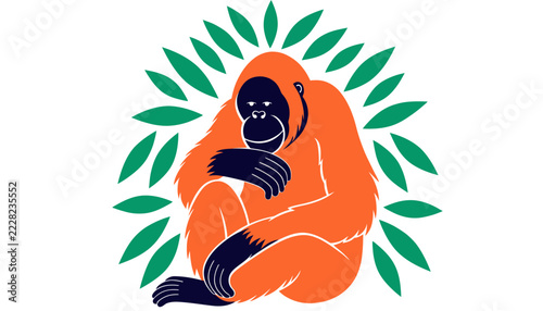 Stylized Orangutan Sitting in a Green Leaf Circle, Minimalist Zoo Animal Illustration