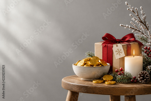 Chocolate coins, wrapped gift, candle and winter branches for holiday retail bundle