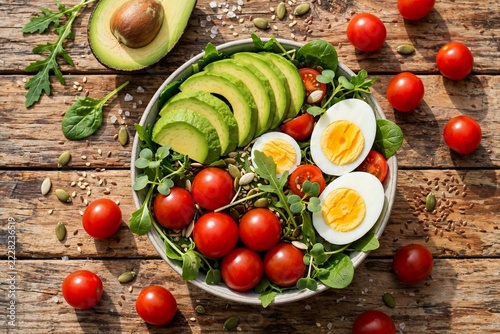 Healthy Food Bowl Flat Lay on Wooden Table