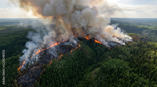 Aerial view of a massive forest fire burning through a dense woodland area with thick smoke.