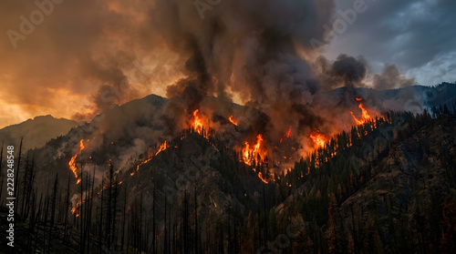 Massive wildfire burning through a mountain forest at sunset with thick smoke.