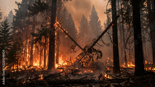 Intense forest fire burning through dense pine trees in the wilderness.