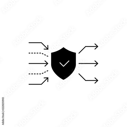 Cybersecurity icon showing a central shield filtering incoming and outgoing arrows, representing firewall control, protected network traffic, packet inspection, routing, and access defense.