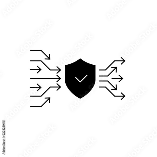 Cybersecurity icon routing multiple data paths through a shield, symbolizing layered network security, protected information flow, traffic filtering, packet control, and secure connectivity.