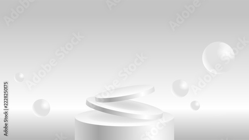 Sculptural white platform vector scene featuring a curved raised stand and floating spheres, suitable for luxury packaging, beauty products, creative showcases, and editorial art.