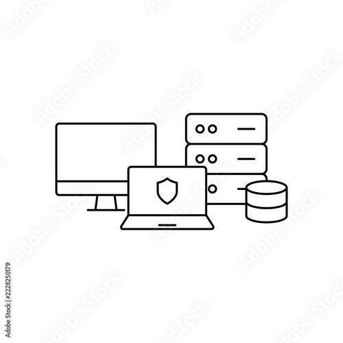 Secure IT infrastructure visuals: desktop and laptop with servers and storage devices underline comprehensive data protection, endpoint security, and data-center resilience.