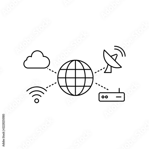 Unified cyber defense across cloud, network, and endpoints: a globe, cloud, router, and satellite icon illustrate scalable, interconnected security for modern digital ecosystems.
