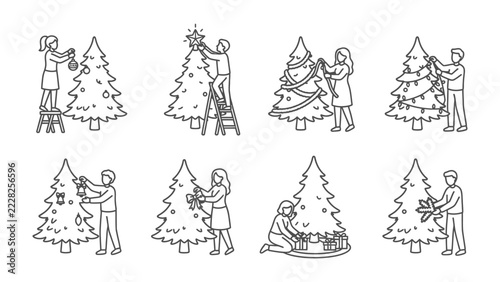 Christmas Tree Decoration Series: A collection of line art illustrations depicting people decorating Christmas trees with ornaments, lights, and garlands.