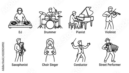 Musicians in Concert: A collection of musicians including a DJ, drummer, pianist, violinist, saxophonist, choir singer, conductor, and street performer, all depicted in a stylized illustration.