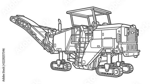 Construction Equipment Line Art: A detailed line drawing of a heavy-duty milling machine, showcasing its tracks, conveyor belt, and engine compartment.