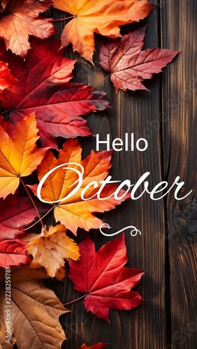 Vivid red, orange, and brown autumn leaves scattered on dark wooden planks create a warm seasonal atmosphere with rich contrast and textures.