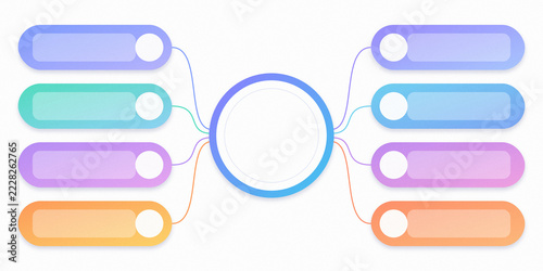 Vector flowchart infographic template with central circle and eight colorful rounded option banners for process diagram design