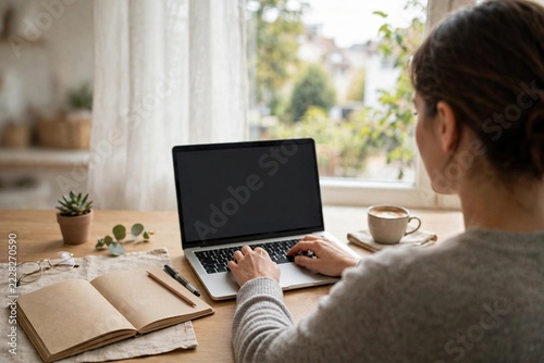 Working from Home on Laptop at Bright Desk, Viewed from Behind
