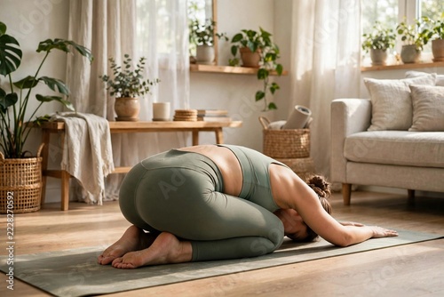 Woman Practicing Yoga at Home in Bright Living Room