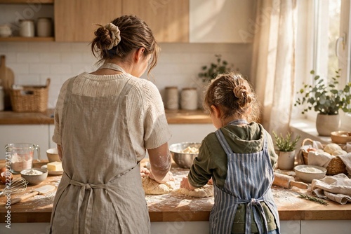 Parent and Child Baking Together in Bright Kitchen, Viewed from Behind