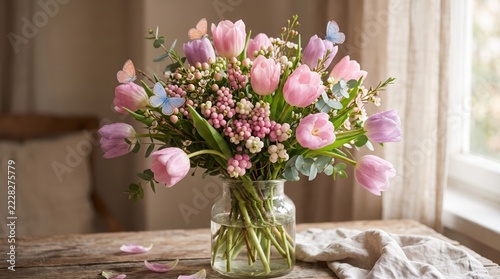 Beautiful bouquet of pink and purple tulips with decorative berries and butterflies in a glass vase on a rustic wooden table