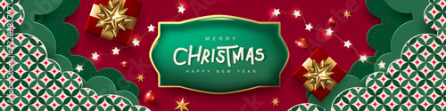 Merry Christmas and Happy New Year greeting card banner background with festive decoration, typography, holiday theme, celebration graphics, printable poster, digital template.