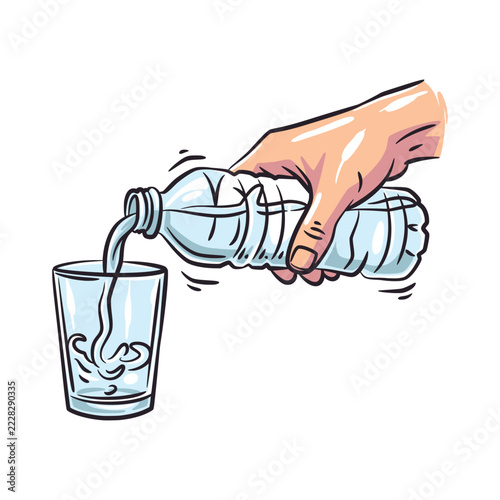 Hand Pouring Water From Bottle Into Glass Color Vector Illustration