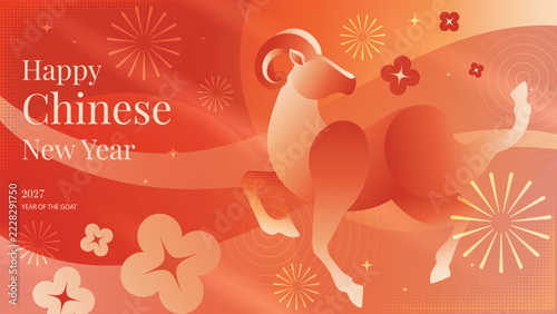 Chinese New Year 2027 Goat Zodiac Vector Holiday Poster With Pastel Animal, Coral Red Gradient, Floral Ornaments and Fireworks for Modern Lunar Festival Greeting