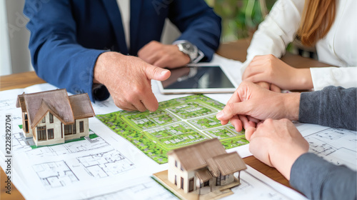 top-down photograph of a real estate agent explaining a development project to a family. A detailed land plot map with a green highlighted zone is the focal point, surrounded by 3D home layouts 