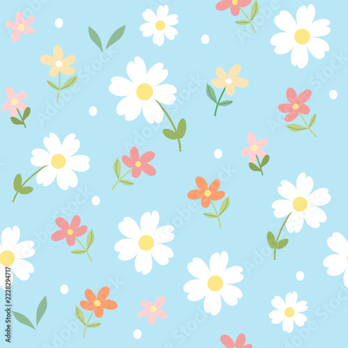 Cute Pastel Wildflower Seamless Pattern on Light Blue Background