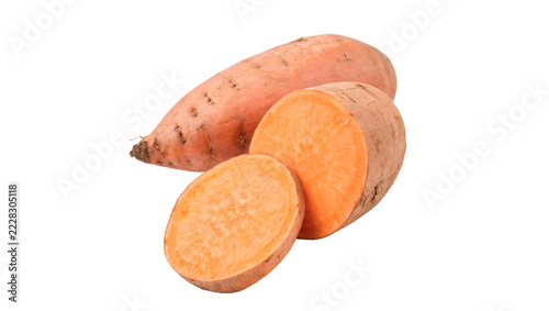 Whole and sliced fresh raw sweet potato tubers healthy culinary ingredient, isolated on transparent background.