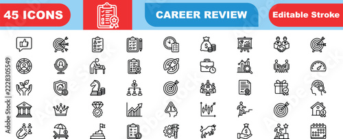 Career review line icon set featuring forty-five professional assessment and performance evaluation symbols in a clean vector style isolated on a white background