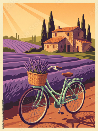 Beautiful vintage travel poster illustration of a classic bicycle with a wicker basket full of lavender flowers on a dirt path near a rustic countryside farm in purple summer fields at sunset.