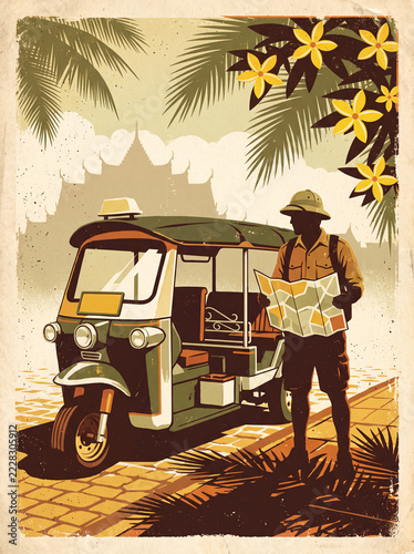 Beautiful vintage travel poster illustration of a male tourist in a safari hat reading a paper map next to a classic auto rickshaw under tropical palm tree leaves and exotic yellow flowers.