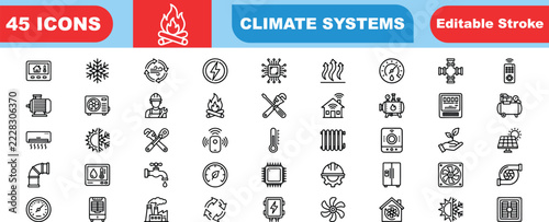 Bundle of 45 climate systems vector icons with editable stroke featuring hvac heating ventilation cooling and environmental control symbols for sustainable design isolated on white background