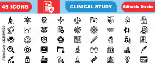 Bundle of 45 clinical study vector icons with editable stroke representing medical testing research protocols ethical compliance and healthcare data symbols for professional design