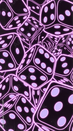 Glowing Neon Purple Dice Pattern Background with Glowing Wireframe Cubes for Casino and Gaming