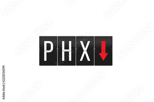 PHX airport code and a red arrow pointing down displayed on a mechanical split-flap board, representing arrivals at the Phoenix, Arizona airport, with a transparent background