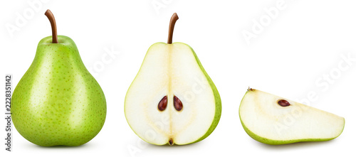 Organic farm pears on white. Pear clipping path. Composition of fresh ripe whole and sliced fruits