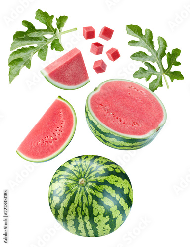 Flying watermelon with leaves isolated on white background. Watermelon collection with clipping path
