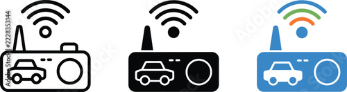 Remote control car transmitter icons with wireless antenna signal and automotive vehicle buttons