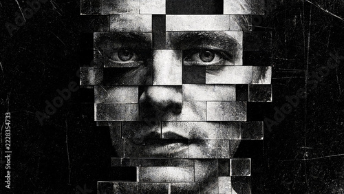 Dramatic conceptual black and white portrait of a man with his face fragmented into shifting glitching rectangular pixel blocks on a dark distressed grunge background.