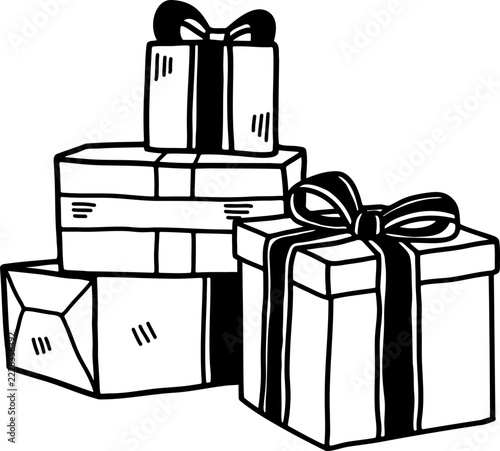 black and white illustration of A pile of Christmas gifts