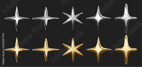 Silver and gold star set isolated on transparent background. Vector realistic illustration of abstract 3D sparkle shapes with liquid chrome texture, metallic Y2K design elements with shiny surface