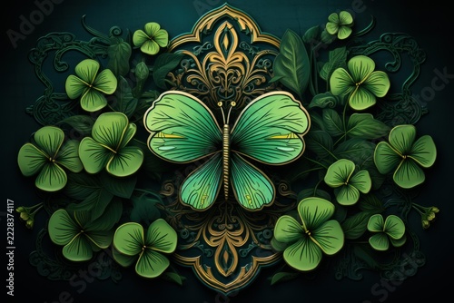 Green butterfly with golden decorations surrounded by shamrocks and leaves, creating a luxurious and magical atmosphere